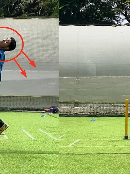 Here is a clear example of my video analysis process. On the left, you can see the bowler's body and head collapsing at release. After two months of off-season work on action reconstruction, the 'after' shot shows an upright, strong, and perfectly aligned body position.