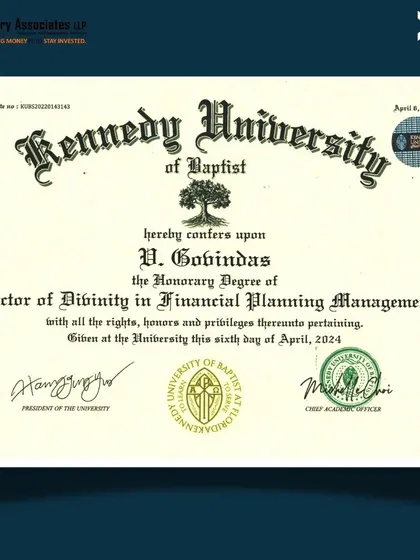 A formal look at the Honorary Doctorate degree conferred upon me. This document signifies a career dedicated to the principles of sound financial planning and management.