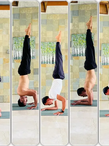 A collage showing my inversion progress. It features different types of inversions including headstand, tripod headstand, forearm stand, and handstand, showing the journey of strength.