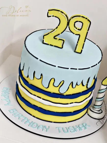 Our take on the viral comic cake trend. This fondant cake is designed to look like a 2D cartoon drawing, with bold black outlines that create a fun, surreal effect.