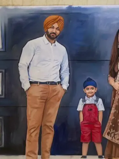 A full-length family oil portrait for a client in Canada. Capturing the dynamic of the family, from the parents' proud stance to the child's playful energy, was the goal here.