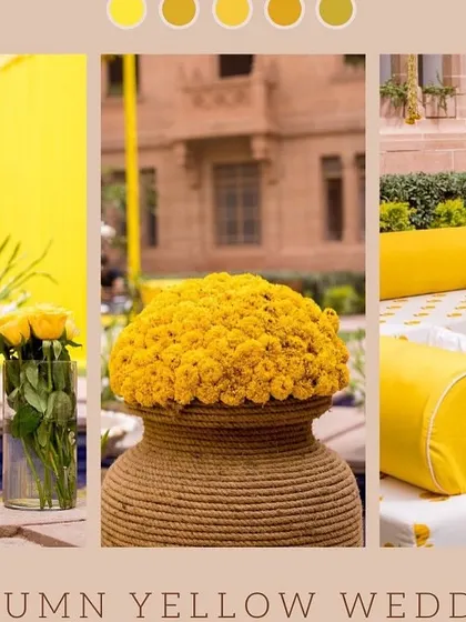 An "Autumn Yellow" wedding mood board, showing how to use different shades of yellow for a warm and elegant theme.