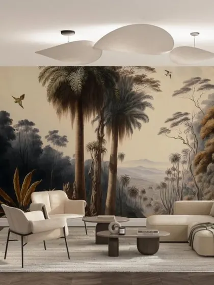 A scenic mural of a forest landscape with tall, elegant trees. The soft, painterly style and muted color palette create a serene and sophisticated atmosphere in this living space.