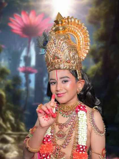 A close-up from our Krishna-themed concept shoot. The detailed makeup, costume, and divine expression are all part of the magic we create at VN Studio for our little clients.