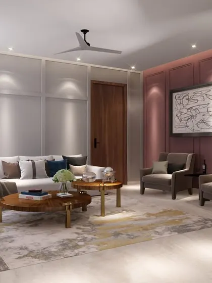 This render highlights the use of a rich, warm accent wall to define a formal seating area within the larger living room. The design balances different color palettes to create distinct yet connected zones.
