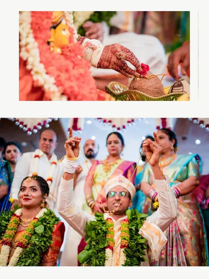 A collage showing the couple during their wedding puja. The top frame shows a hand with henna offering prayers, while the bottom shows the couple's shared joy.