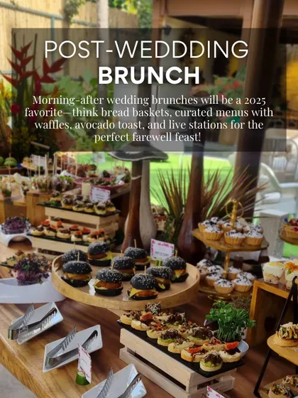A graphic highlighting the trend of post-wedding brunches. We create the perfect farewell feast with bread baskets, waffles, avocado toast, and live stations to give your guests a memorable send-off.