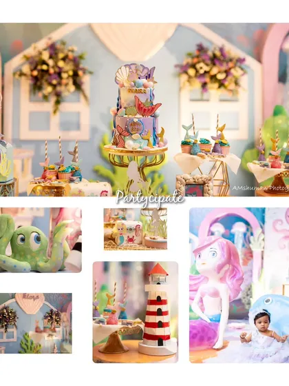 A collage of the beautiful details from Kiara's mermaid party, including the main cake table, character props, and a photo of the birthday girl.