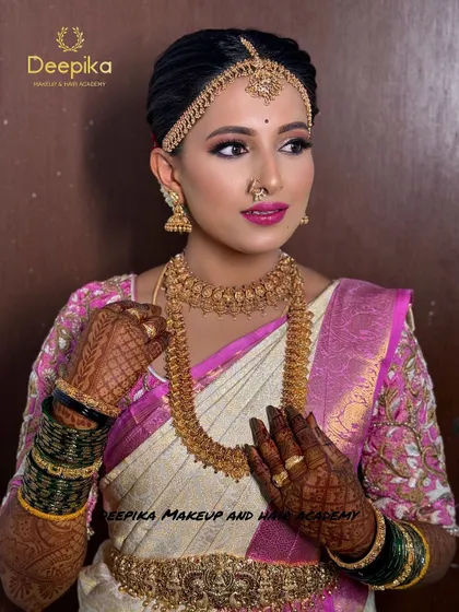 A confident look from the bride, showing how the makeup enhances her features and complements her traditional attire.