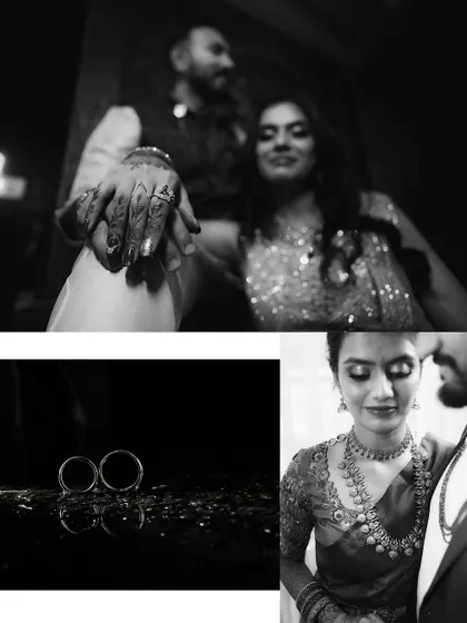 An artistic black and white collage capturing intimate moments from the engagement, including a close-up of the rings.