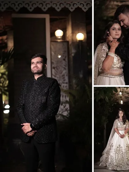 A collage showcasing the couple's stunning Sangeet look. We help coordinate everything from outfits to photography for a cohesive feel.