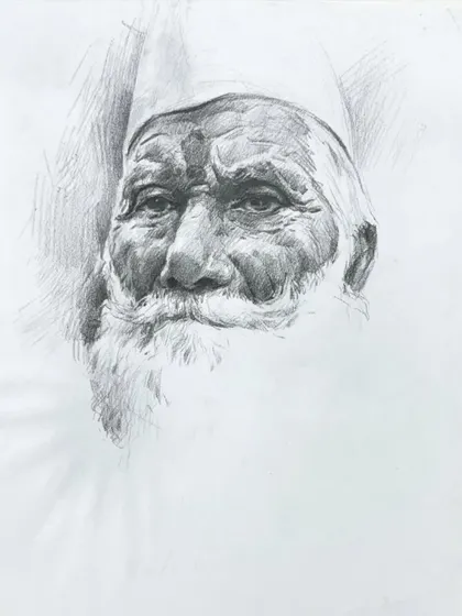 A pencil sketch of a man in a traditional cap. Sketching is a fundamental practice for me, helping me understand faces and expressions.