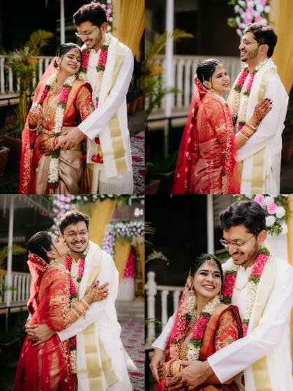 This collage captures the joy and love of a traditional family event. The couple's interactions, from gentle embraces to shared laughter, are documented in their beautiful ethnic attire, preserving the memories of their special day.