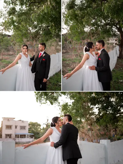 A collage of the couple sharing romantic moments outdoors, including a kiss and an embrace, after their wedding ceremony.