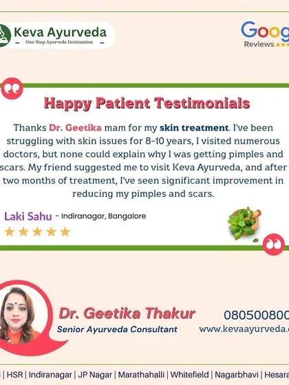 Laki Sahu thanks Dr. Geetika for her skin treatment after struggling with pimples and scars for 8-10 years. After two months of Ayurvedic treatment, she has seen significant improvement, which numerous other doctors couldn't provide.