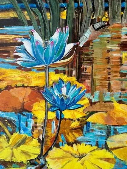 A series of vibrant floral paintings featuring blue and pink water lilies. These pieces, available as single or multi-panel artworks, bring a splash of color and Zen-like tranquility to any room.