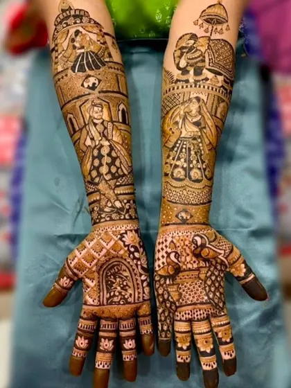 This design showcases a bride and groom on the arms, with their initials 'SW' hidden in a creative pattern on the palm.
