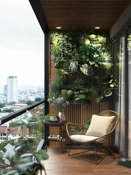 A cozy balcony retreat with a vertical garden on a slatted wood wall. The comfortable armchair and small side table create an ideal reading nook surrounded by greenery.