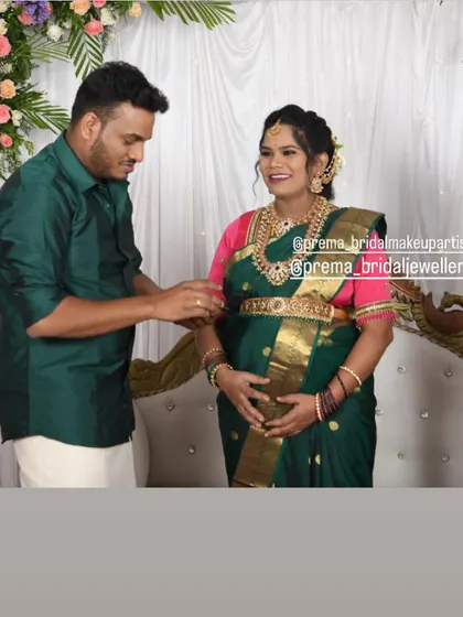 Jewellery is for all of life's celebrations. This lovely mom-to-be is celebrating her baby shower (Vallaikappu) in one of my traditional temple jewellery sets, looking absolutely radiant.