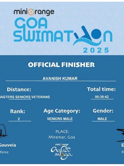 An official finisher certificate from the Goa Swimathon 2025. This is what ownership looks like: taking responsibility for your own hard work.