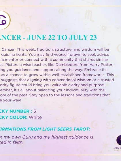 This week's tarot guidance for Cancer. Tradition, structure, and wisdom will be your guiding lights. You may find yourself drawn to seek advice from a mentor.