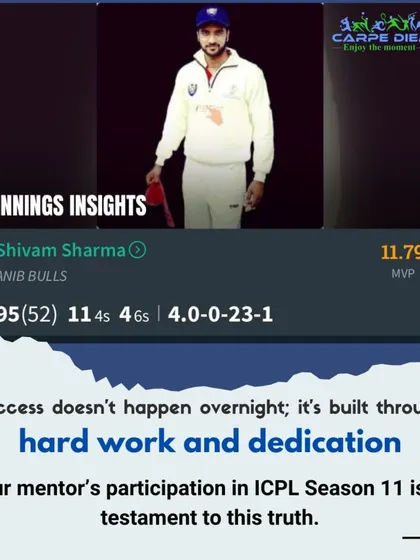Our mentor Shivam Sharma's stellar all-round performance in the ICPL Season 11 in Dubai. He leads by example, showing our students what hard work and dedication can achieve.
