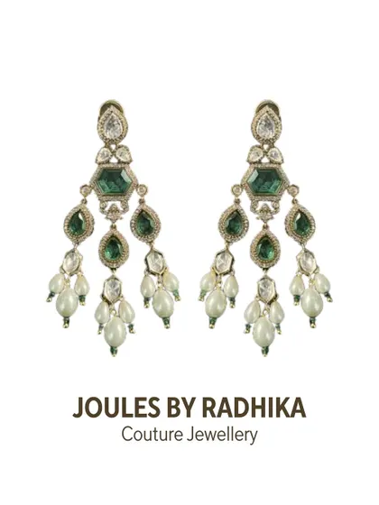 The matching chandelier earrings for our Cultured Wedding magazine feature, designed with emeralds and polki diamonds to complete the bridal set.