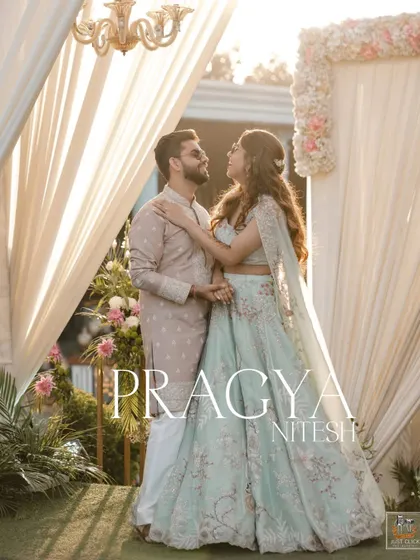 A romantic portrait of the couple at their pastel-themed Mehndi event.