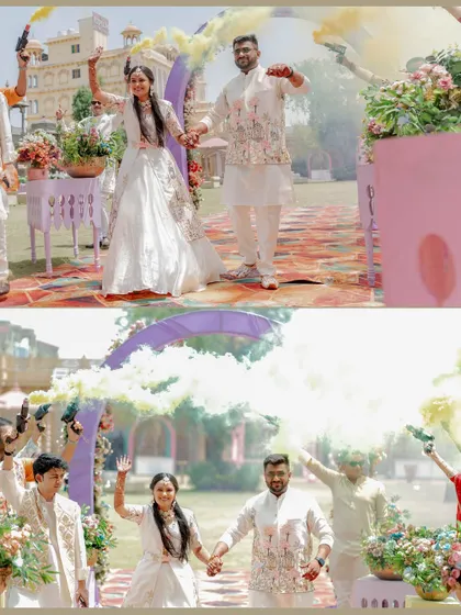 A grand entrance with colored smoke. This collage captures the excitement of Umang and Muskaan's arrival at their Haldi, surrounded by friends and vibrant colors.
