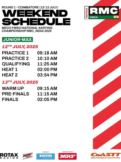 The race weekend schedule for the Junior Max class at Round 1 in Coimbatore.