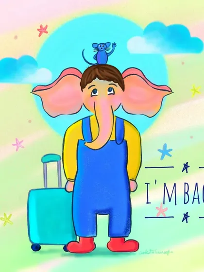The adventurous young Ganesha character with the text "I'm Back!!", perfect for announcements or personal posts.