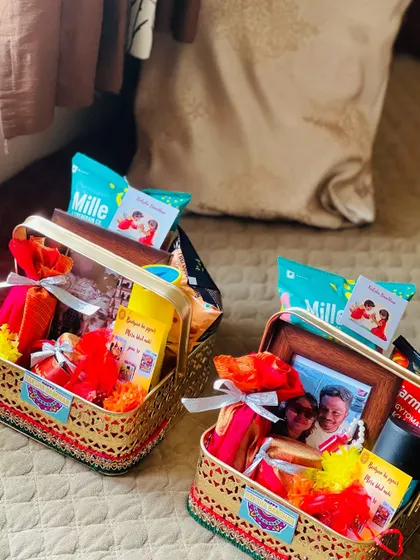 Another view of the two Rakhi hampers, showing how I can customize each one slightly differently.