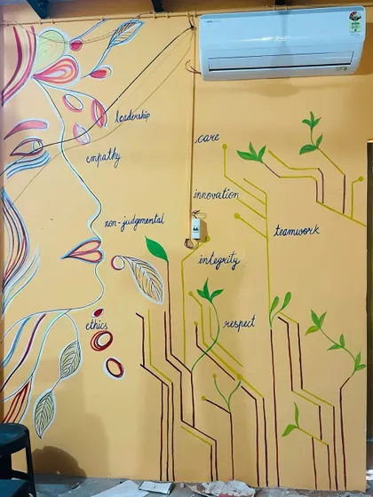 This mural for a youth resource center in Delhi visualizes the organization's core values. Words like empathy, leadership, and respect are woven into a design of growing branches, symbolizing personal and collective growth.