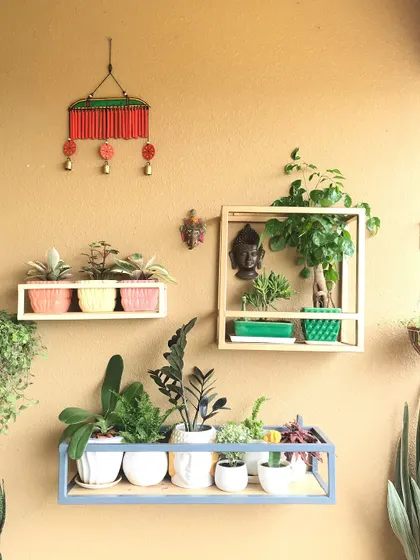 We used a mix of open-box shelves to create visual interest and provide a home for smaller succulents and decor. The different colors and textures make this wall a focal point of the balcony.