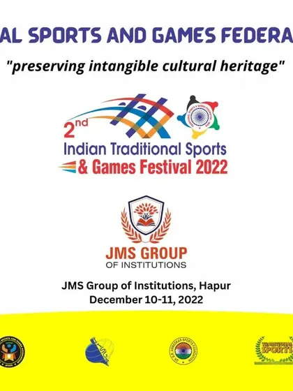 This poster announces the 2nd Indian Traditional Sports & Games Festival, an event we champion to preserve our intangible cultural heritage. The festival features a wide range of sports, from Kabaddi and Lattu to Gulel (slingshot).