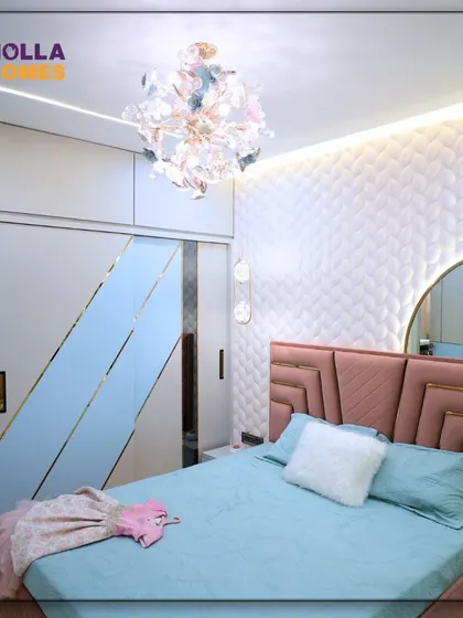 The sliding wardrobe in the teenage girls' room features a modern design with pastel blue and gold accents, complementing the room's chic aesthetic.
