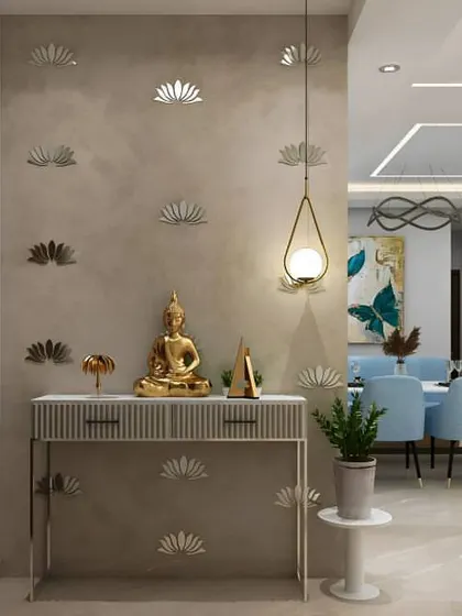 A tranquil entryway featuring a console table with a golden Buddha statue. The wall is decorated with delicate lotus-shaped mirrors, creating a calm and spiritual ambiance.