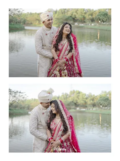 A collage of the couple's portraits by a serene lake, capturing both posed and candid moments that showcase their happiness.
