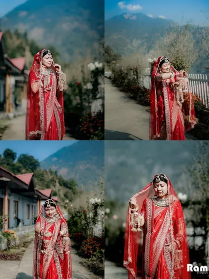 A collage of the bride's portraits set against the stunning backdrop of the Himalayas, showcasing her beauty in a unique destination wedding setting.