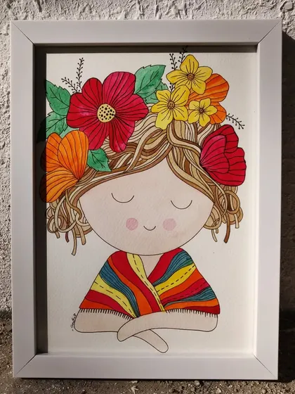 A sweet and colorful illustration of a girl with flowers in her hair, painted with watercolors and ink. This piece, with its cheerful palette and whimsical style, found a new home and is a great example of my character-based wall art.