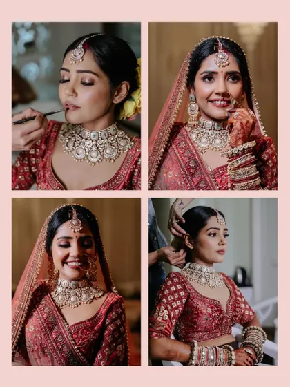 A collage showing the different stages of bride Nikita's makeup and hair styling, leading up to her final stunning look.
