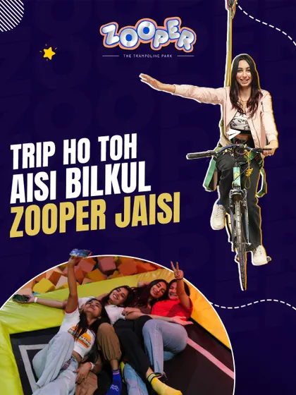 A trip should be just like this, totally Zooper. A friend group enjoys the trampolines while another flies high on the sky cycle.