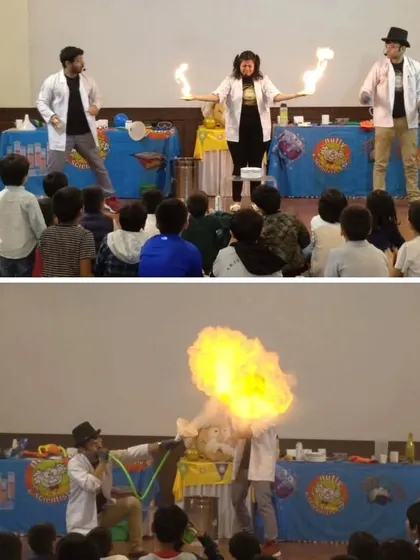 A snapshot from a science spectacular at a school, featuring a fire experiment that leaves the students in awe. These shows make science exciting and accessible for everyone.