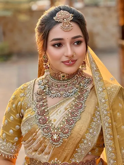 The perfect balance of tradition and modern artistry. Nischaya's look features classic elements like the maang tikka and nose ring, enhanced by a contemporary, skin-focused makeup application.