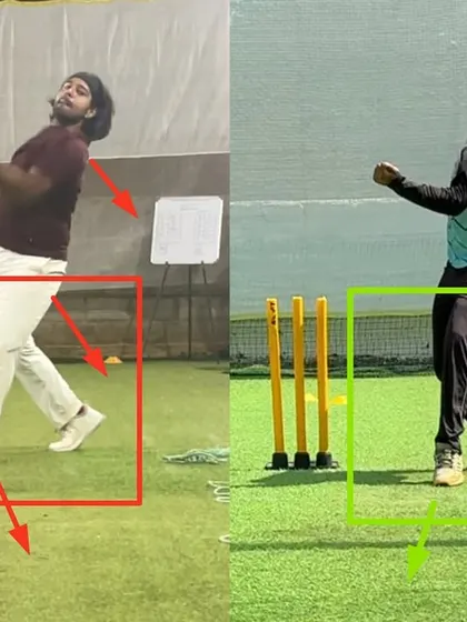 A clear view of the off spinner's transformation from a misaligned, collapsing action to a strong, forward-moving delivery. Proper foot and shoulder alignment are fundamental to consistency and getting revolutions.