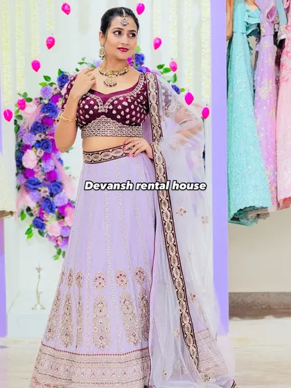 Beyond gowns, we also offer a beautiful collection of lehengas for rent. This lavender lehenga with a contrasting velvet blouse is perfect for a sangeet or a wedding guest look, giving you that designer feel without the heavy price tag.