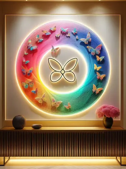 A series of our popular butterfly Enso circle installations. These pieces combine LED backlighting with three-dimensional elements to create a mesmerizing display of light, color, and movement, symbolizing transformation and enlightenment.