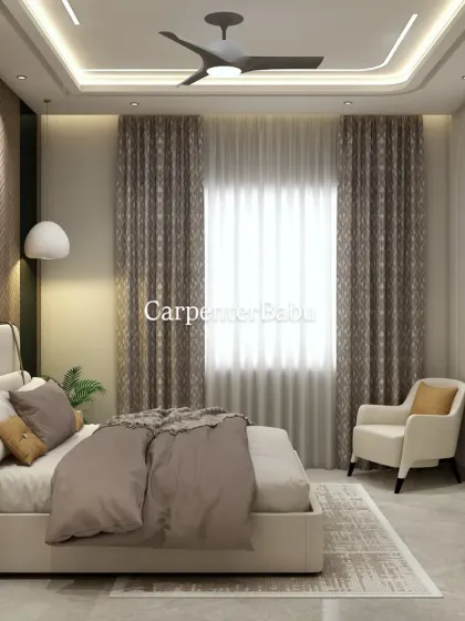 A cozy bedroom with a warm, earthy color palette. The design uses a mix of wood textures and soft lighting to create a relaxing and inviting atmosphere.