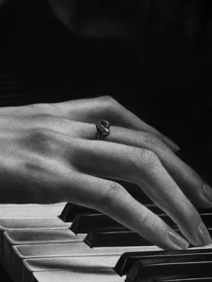 A close-up detail of 'Melodia', focusing on the fingers and the ring, showing the intricate shading and realistic texture of the skin and piano keys.