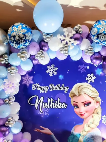 A close-up of the beautiful balloon arrangement from Nuthika's 'Frozen' party, with snowflake-printed balloons and silver accents.
